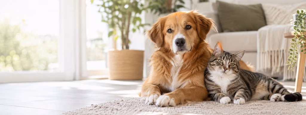 Hund und Katze gemeinsam in einem hellen Wohnraum