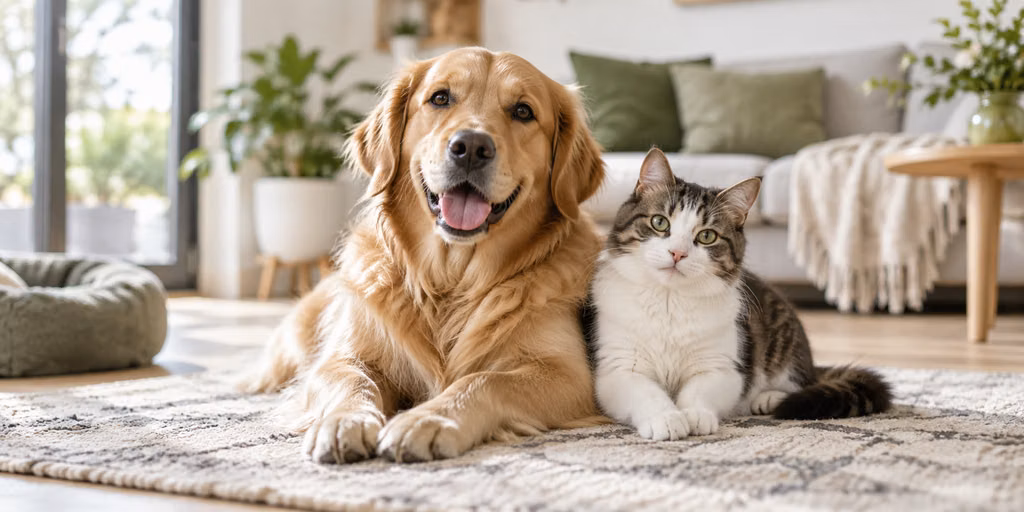 Hund und Katze gemeinsam in einem hellen Wohnraum