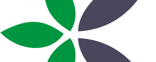 Logo in Form einer Sternes aus Blättern, in den Farben Grün und Dunkellila