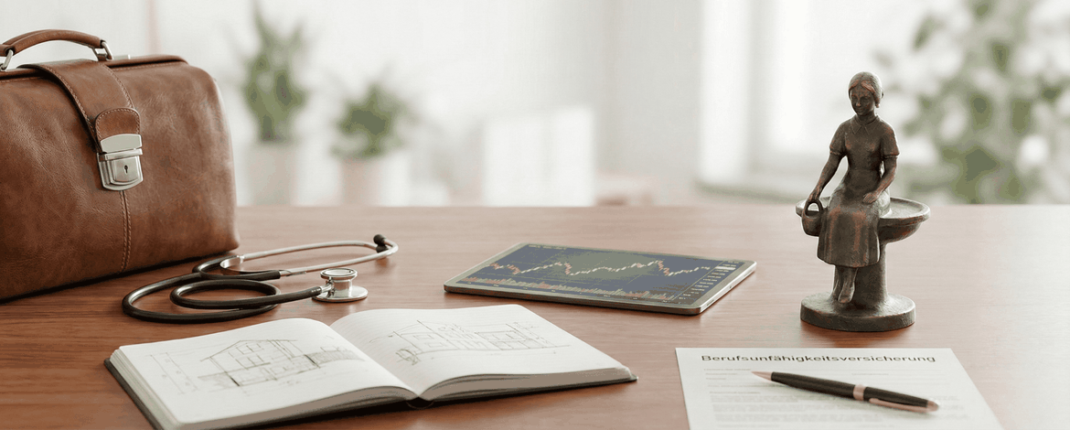 Stethoskop und Justitia-Statue auf einem Schreibtisch – Symbolbild für die Berufsunfähigkeitsversicherung (BU) für Ärzte und Freiberufler in Göttingen durch FINMENCO.